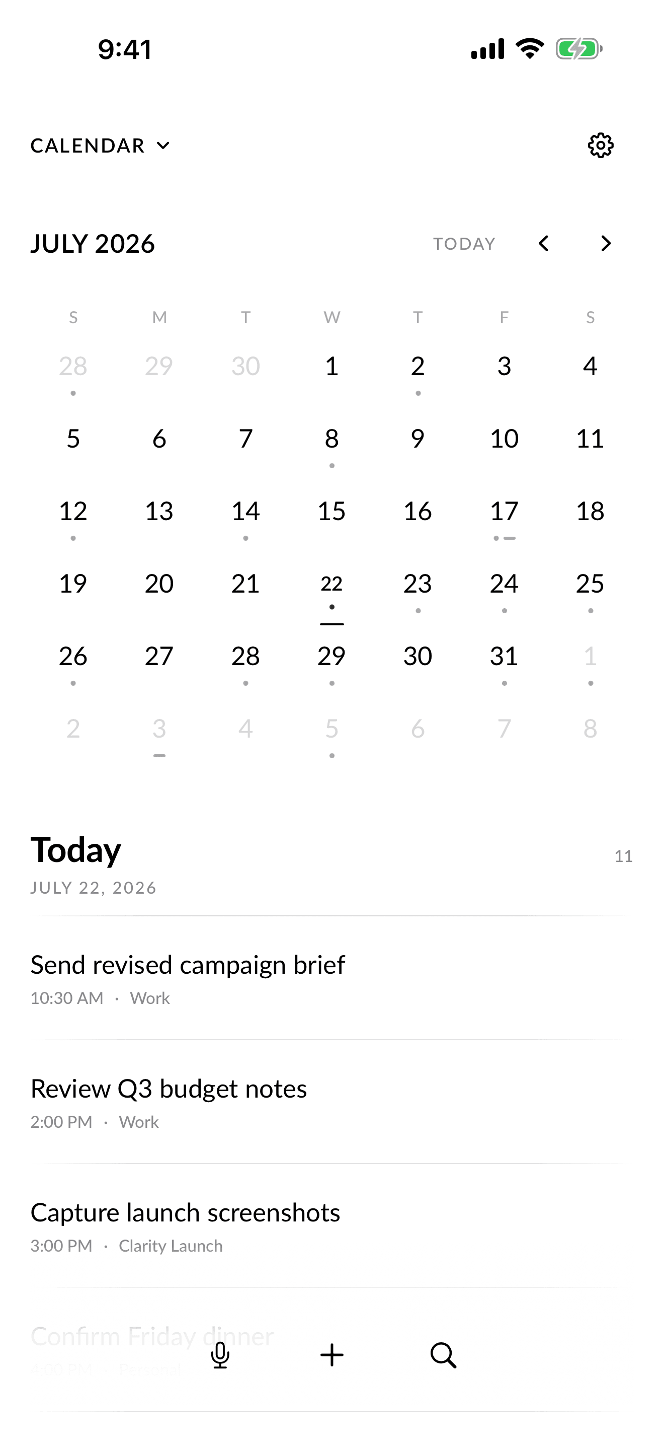 Clarity Calendar with a selected day agenda.