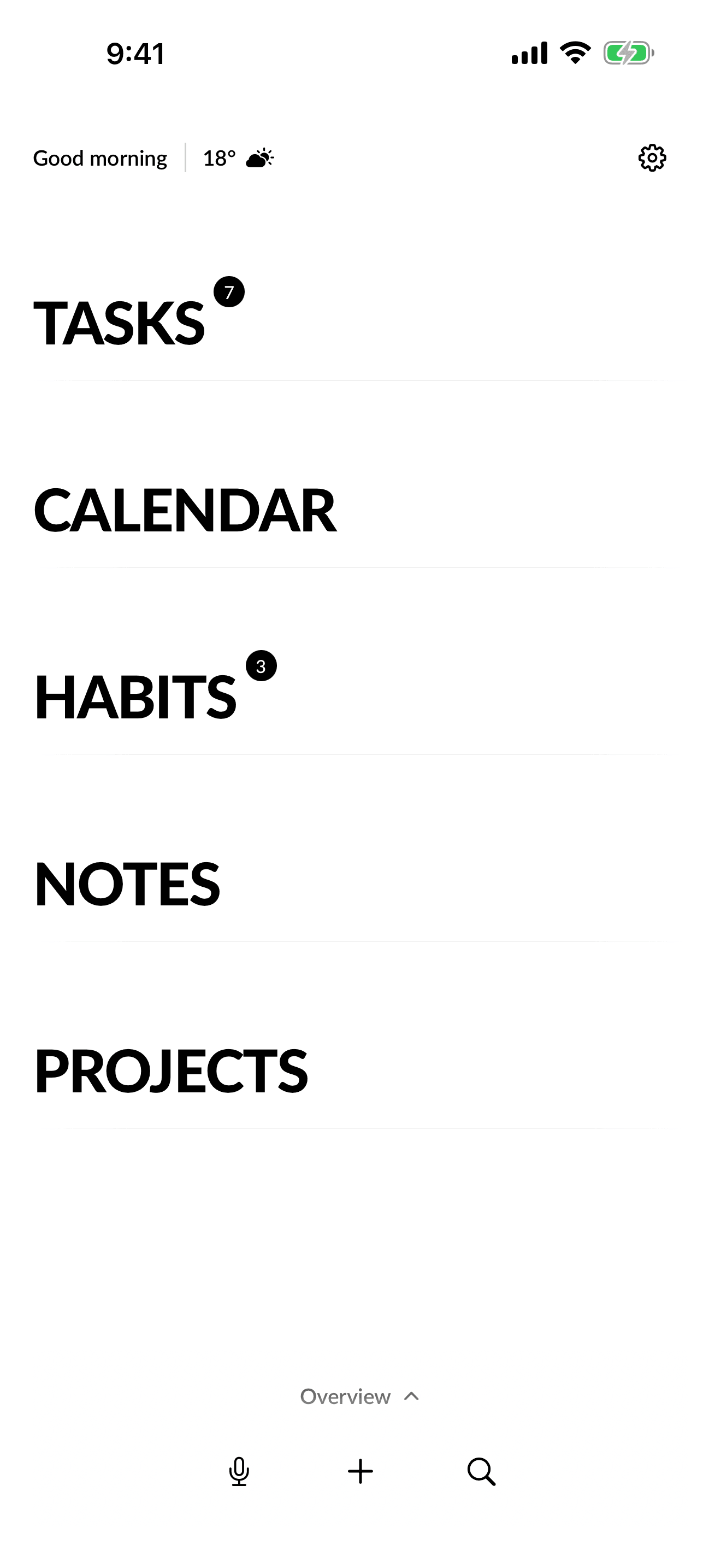 Clarity Home showing Tasks, Calendar, Habits, Notes, and Projects.