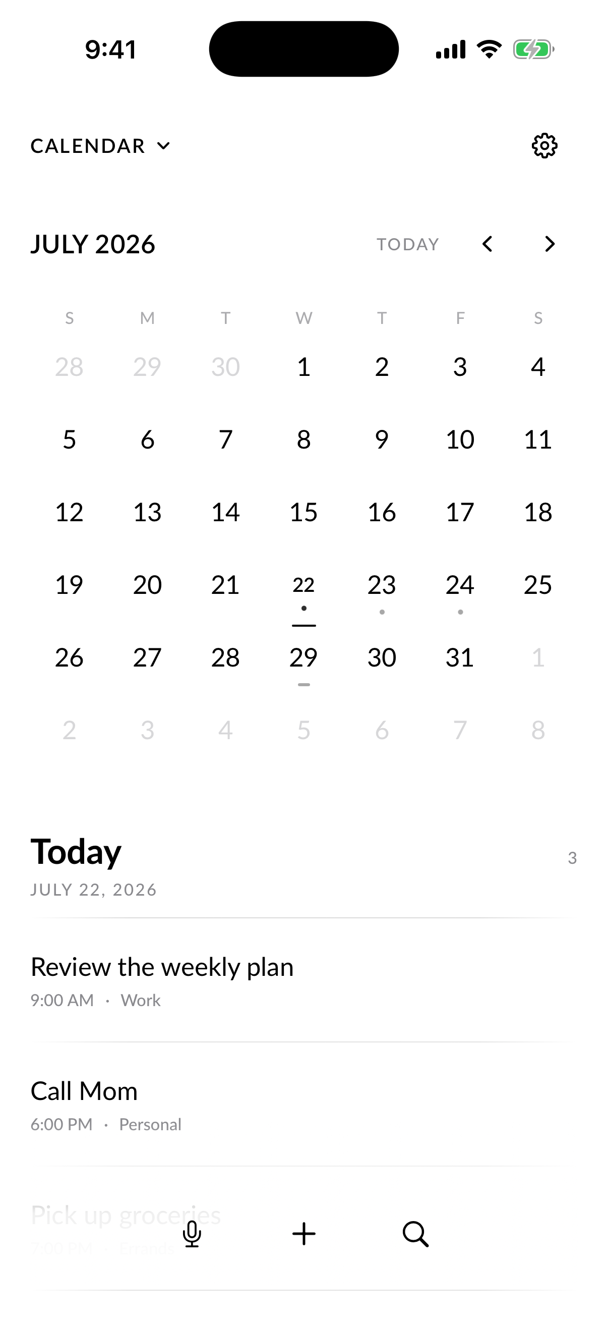 Clarity Calendar screen showing July 2026 and a selected-day agenda.