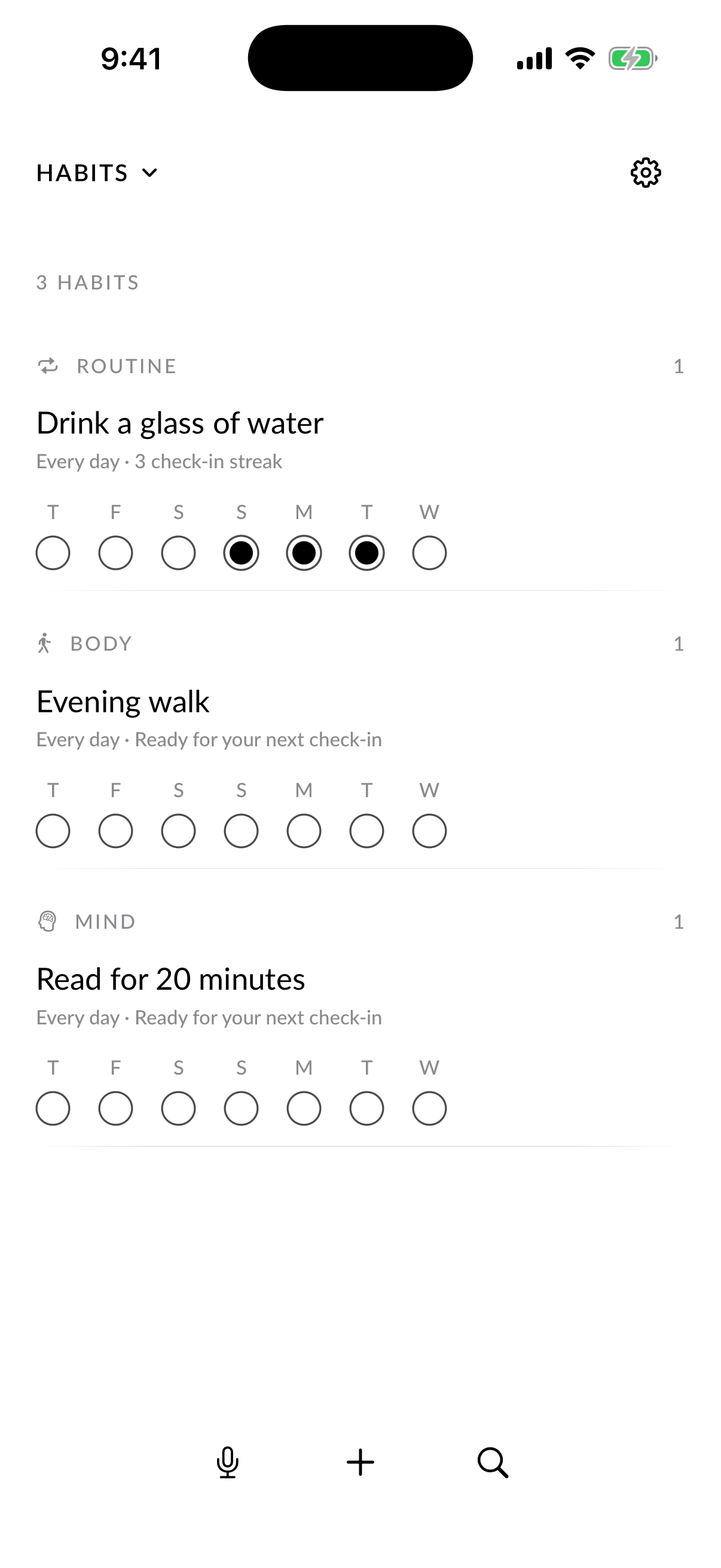 Clarity Habits screen with routine, body, and mind habit check-ins.