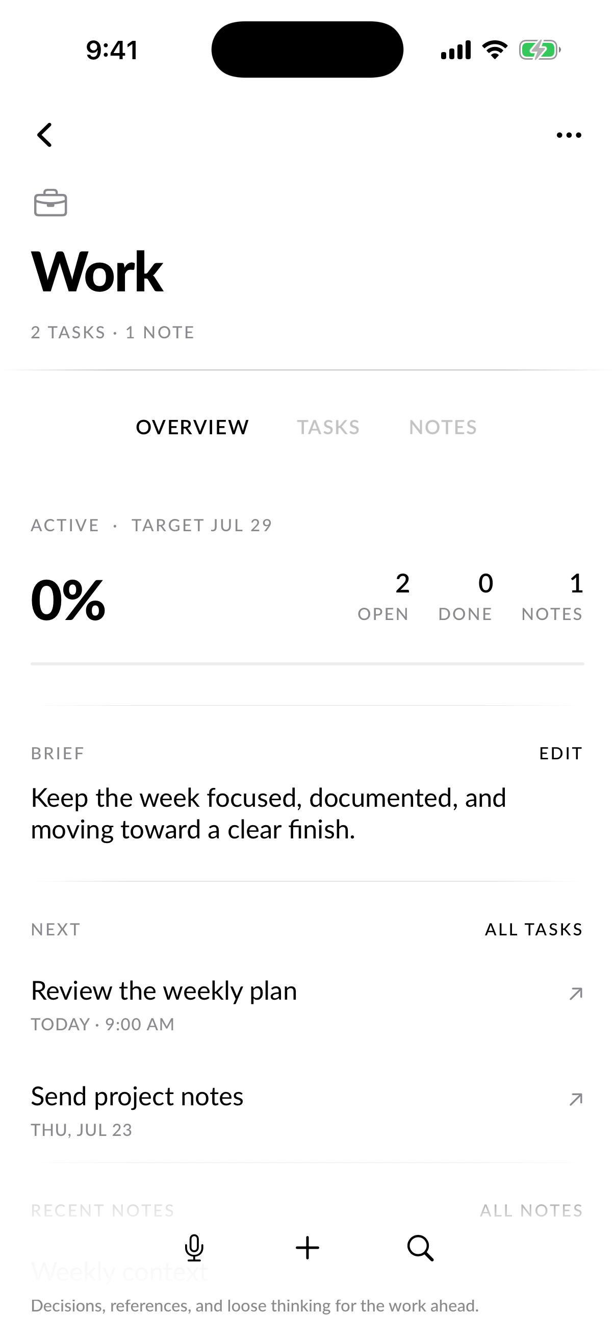 Clarity Work project overview with progress, brief, tasks, and notes.