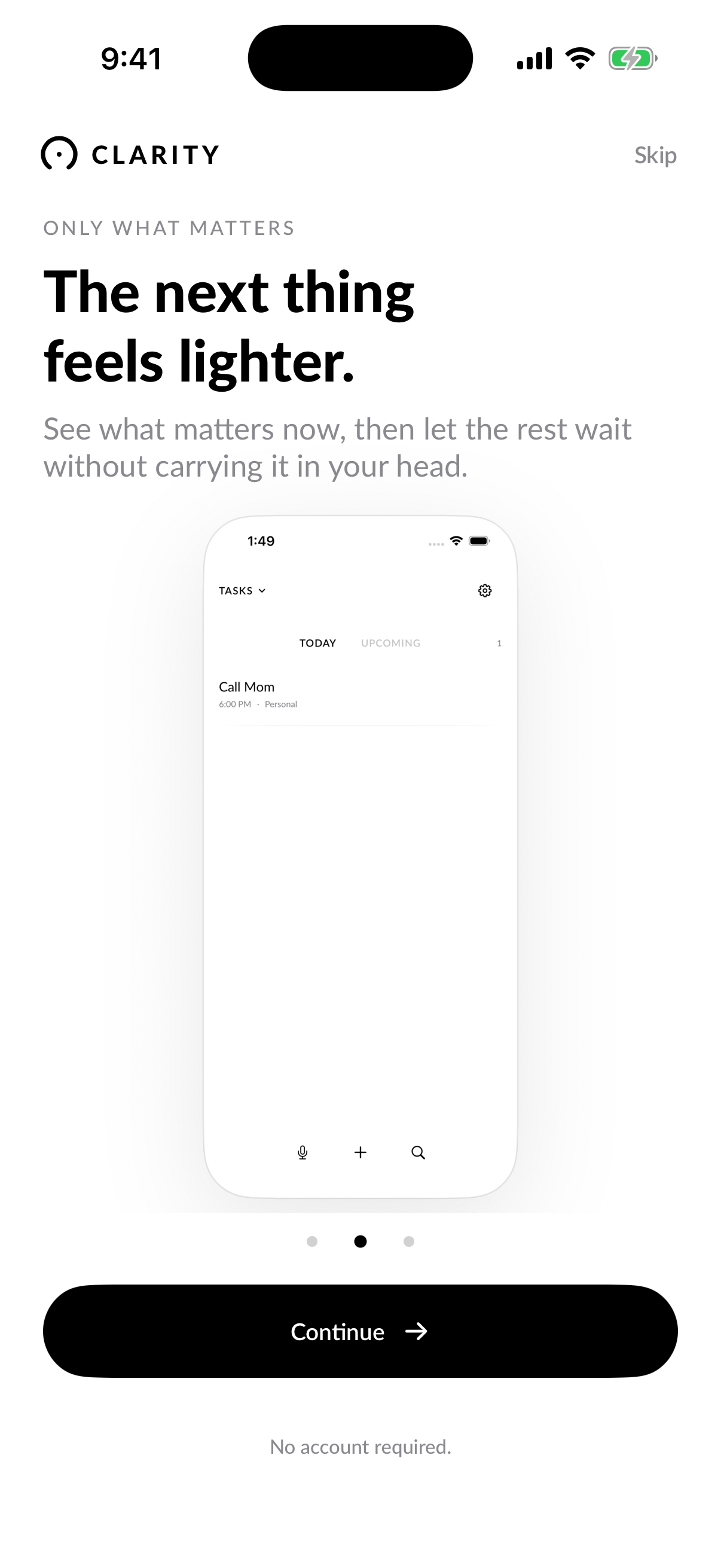 Clarity Tasks screen with a focused personal task due at 6 PM.