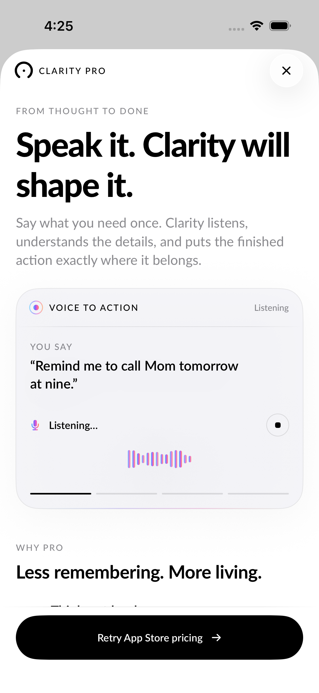 Clarity Pro voice-to-action screen listening to a reminder request.